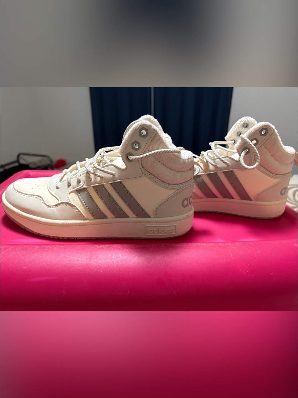 adidas Kids Cream High-Top Sneakers with Gray Stripes